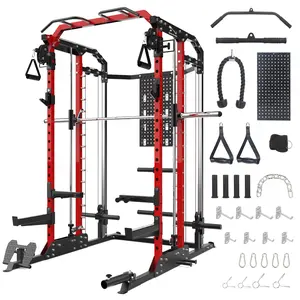 2400 lbs Multi-Functional Power Cage Smith Machine – Integrated Home Gym Rack with Cable Crossover, Lat Pulldown, Dip Bars, Tricep Rope, Squat Training – Standard