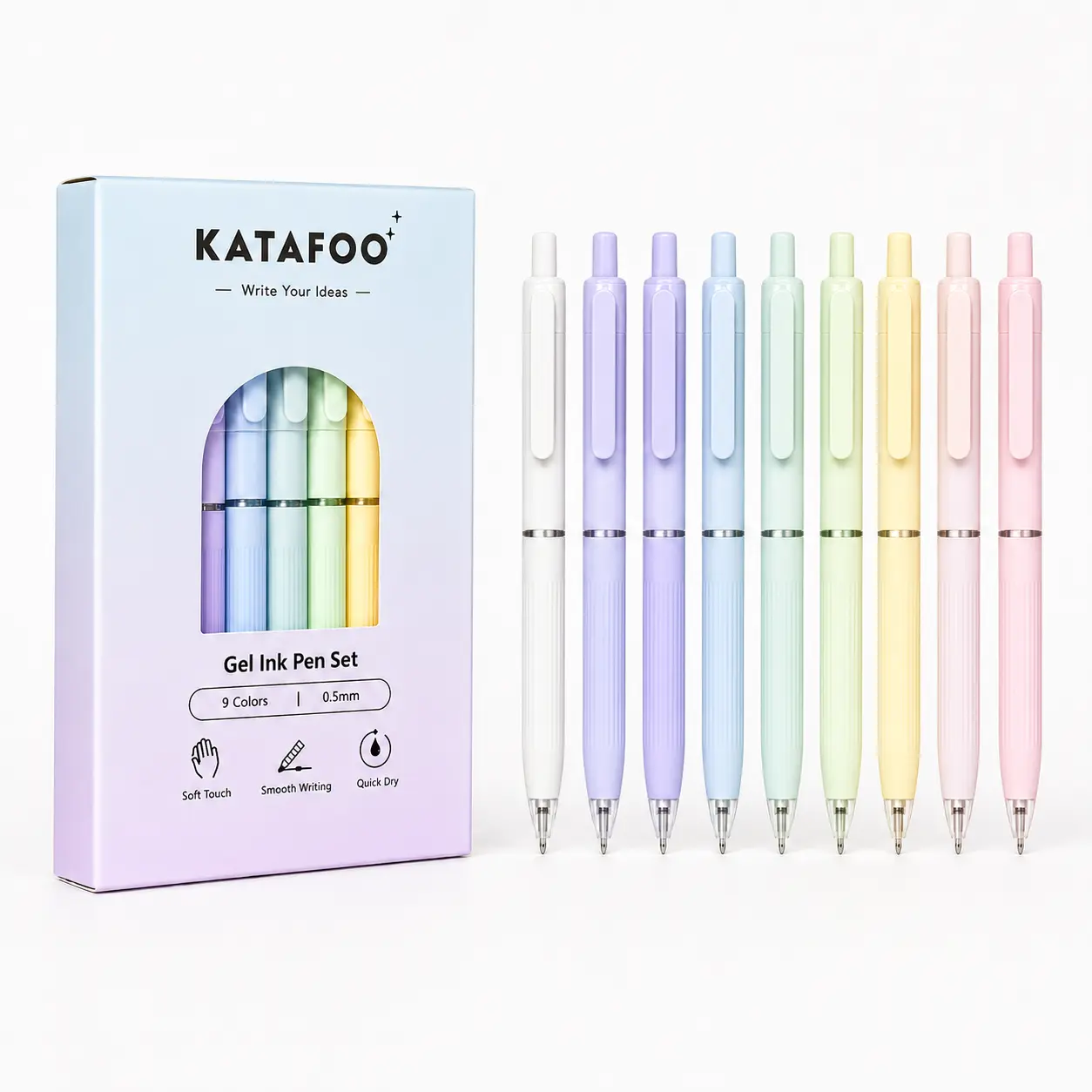 KATAFOO Gel Pens, 0.5mm Fine Point Black Ink Pens, 9 Pack Retractable Quick Dry Gel Pen Set, Smooth Writing with Reduced Click Noise, Mixed Color Barrels for Journaling, Note Taking, School and Office