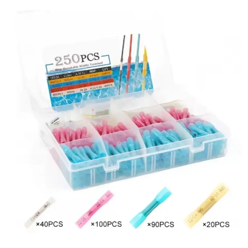 250 pcs/Boxed Heat Shrink Butt Crimping Terminals Kit Waterproof Solder Seal Sleeve Electrical Wire Connectors Cable Splice
