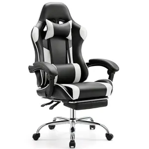 Ergonomic Gaming Desk Chair with Footrest - Comfy Lumbar Support & Headrest, PU Leather Recliner, Fixed Armrest, Height Adjustable 360 °   Swivel, Perfect for Long Gaming/Office Sessions, Relieves Back Fatigue