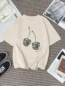 Cherry Print Round Neck Tee, Casual Streetwear Short Sleeve Crew Neck T-shirt for Daily Wear, Ladies Clothes for All Seasons