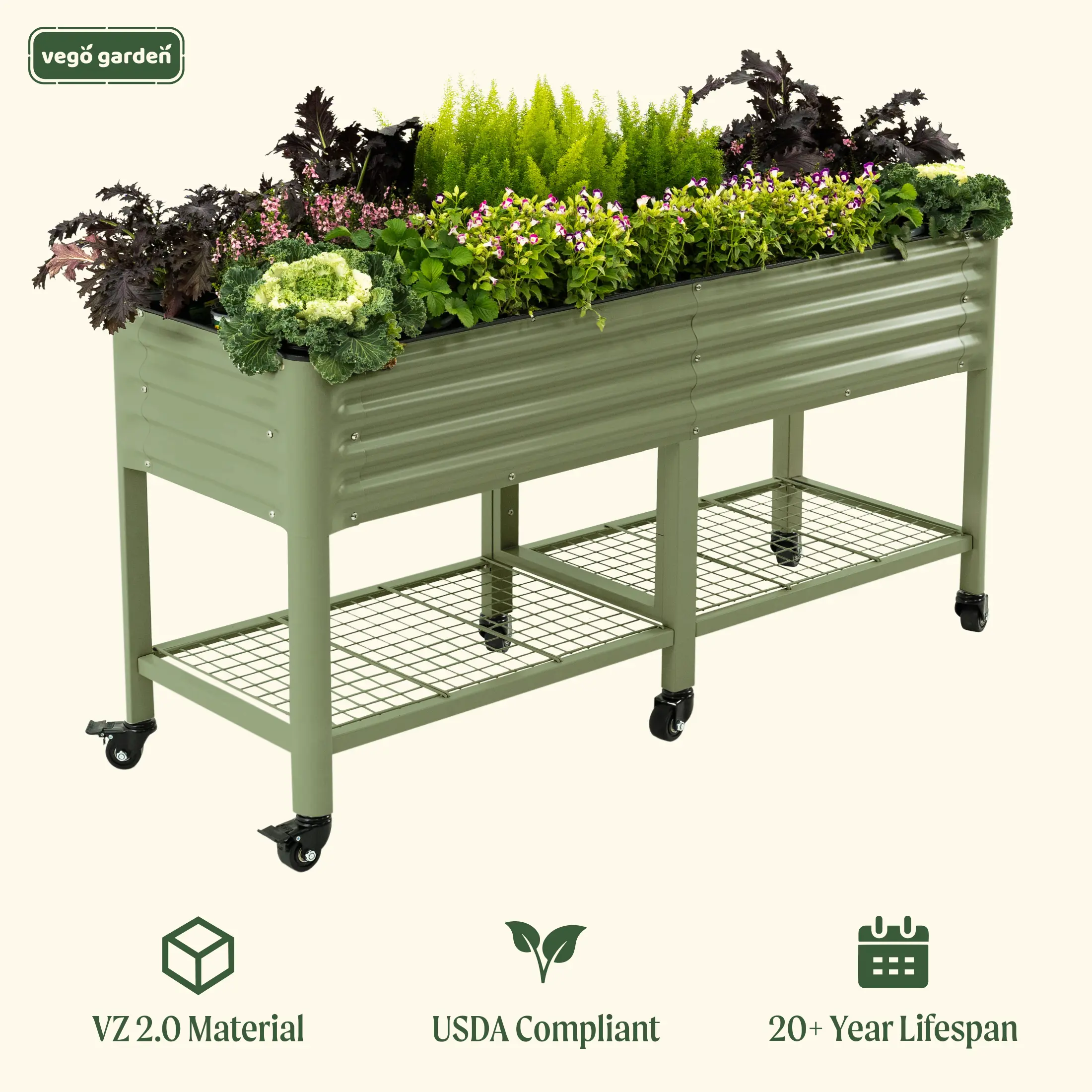 Vego Garden Rolling Elevated Raised Garden Bed V Series with Lockable Wheels & Storage Rack for Patio Porch 700 Lbs Capacity Outdoor Planter Box for Vegetables Flowers Herbs Heavy Duty Olive Green Vego Garden Rolling Elevated Raised Garden Bed V Series with Lockable Wheels & Storage Rack for Patio Porch 700 Lbs Capacity Outdoor Planter Box for Vegetables Flowers Herbs Heavy Duty Olive Green