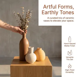 Minimalist Ceramic Vase Set of 3,Earthy Tone Matte Vases, Aesthetic Home Decor for Living Room, Bedroom & Office