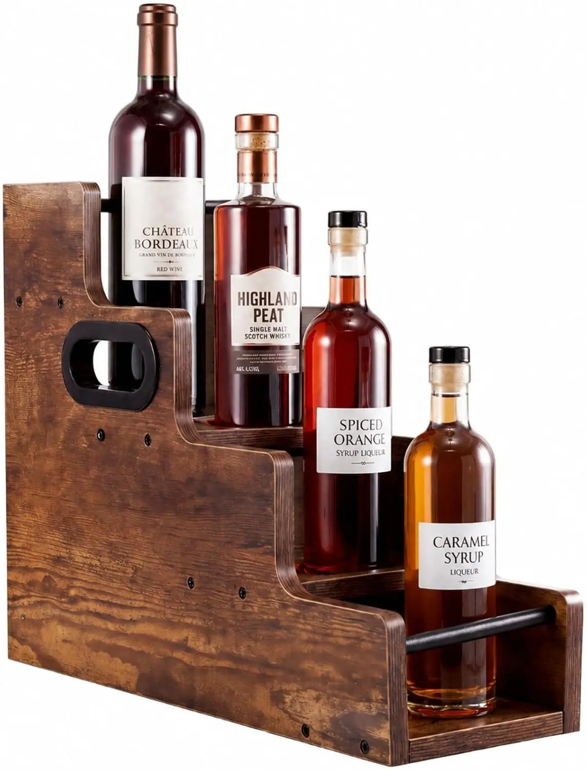 1 Pack Wooden Coffee Syrup Rack, 4 Tier Tiered Liquor Bottle Display Shelf Countertop Organizer for Syrup, Coffee Bar, Liquor Cabinet, Wine, Whiskey