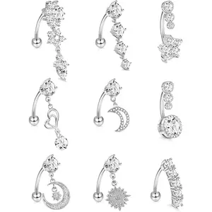 9Pcs 14G Stainless Steel Dangle Belly Rings for Women Reverse Navel Rings Curved Barbell Body Piercing Jewelry