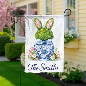 Personalized Bunny Garden Flag, Easter Bunny Topiary Flag, Spring Floral Yard Flag, Custom Family Name Outdoor Flag