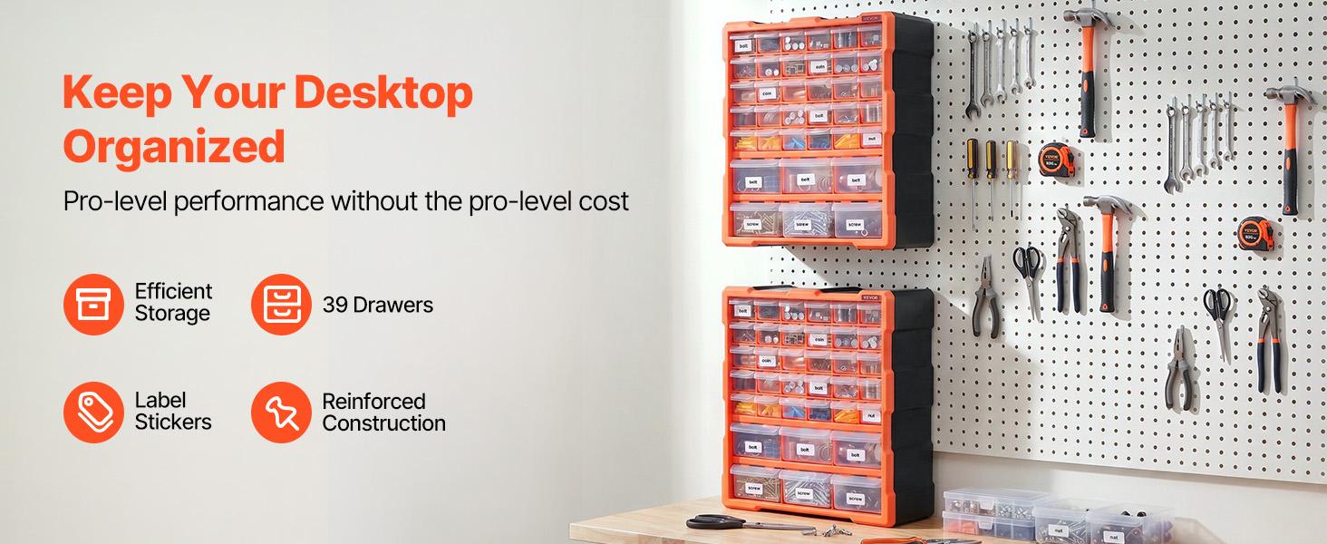 VEVOR Reinforced 39-Drawer PP Material Tool Box with Drawers, Wall-Mounting Stackable Hardware Sorter with Slots, Anti-Drop Stops & Detachable Dividers, DIY Tool Hub for Crafters’ Small Items, Thermal Label Stickers Compatible