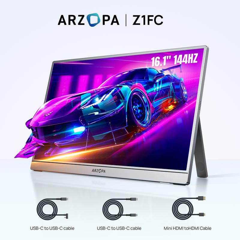 ARZOPA Z1FC, 16.1'' 144Hz Portable Gaming Monitor, 100% sRGB, 1080P FHD, Kickstand Portable Monitor, External Second Screen for PS5 Xbox Laptop PC Switch