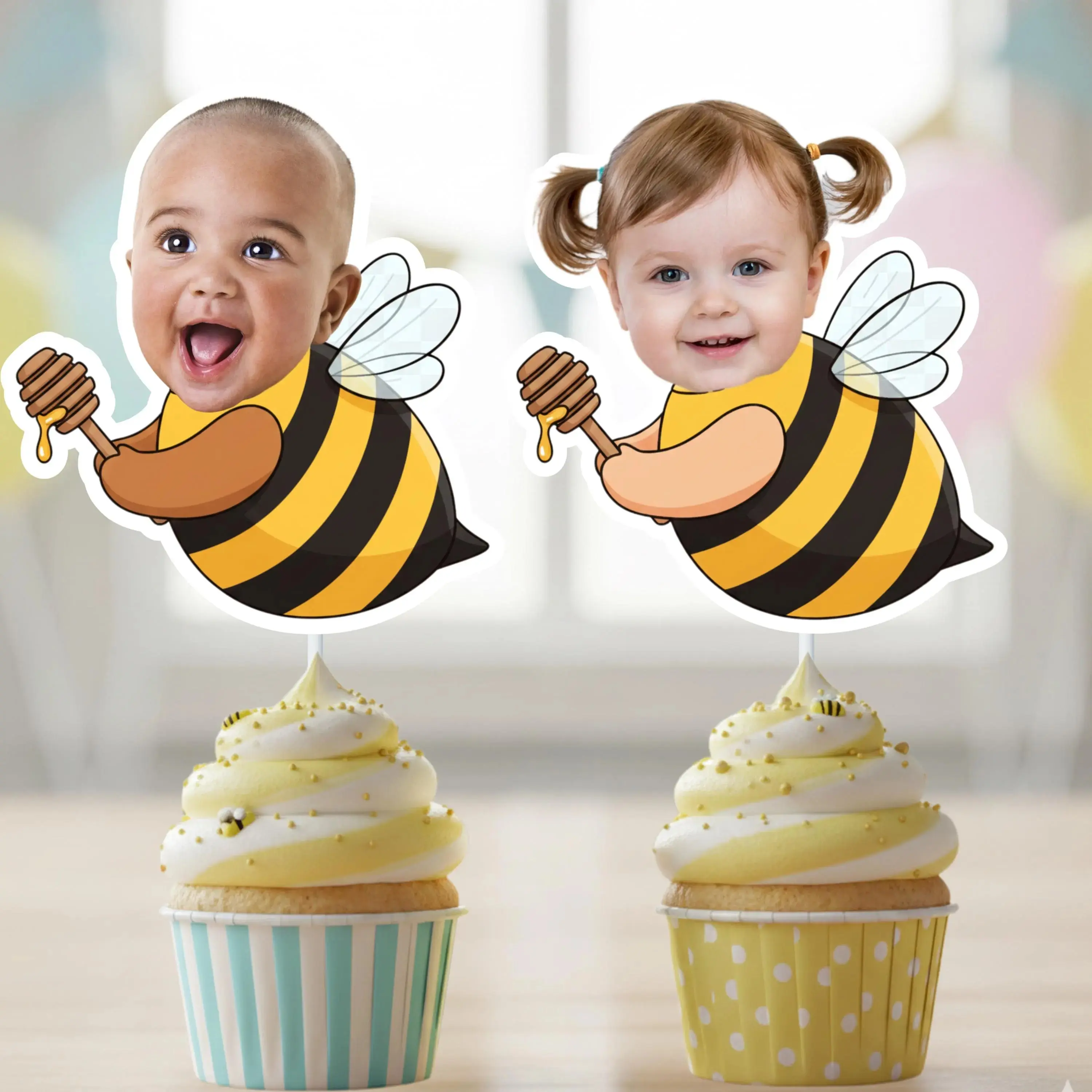 Bee Photo Cupcake Toppers – Sweet One and Fun to Bee One Birthday Decor