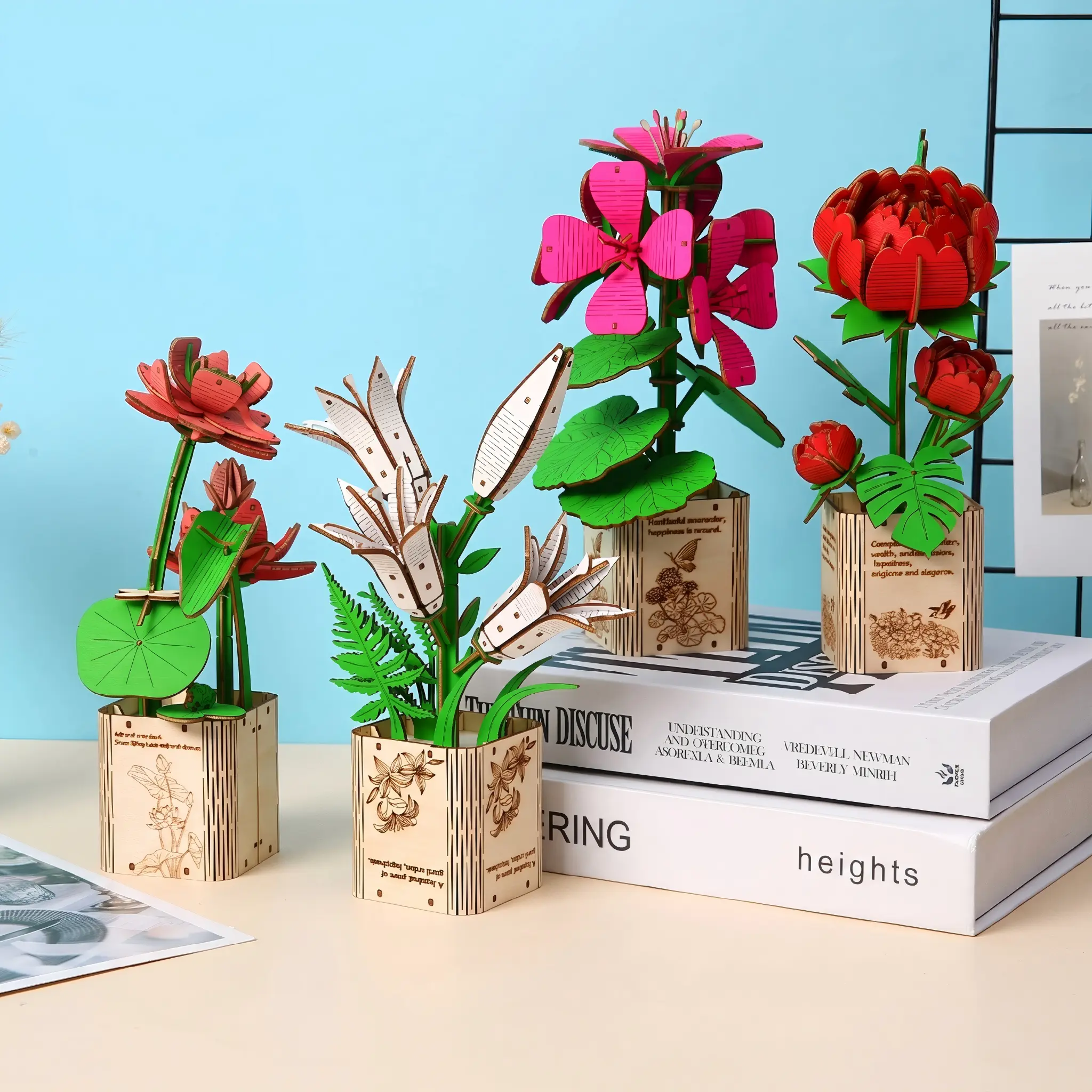 3D Wooden Flower Model Building Kit - DIY Wood Craft Set with Decorative Pot, Creative Display for Adults, Botanical Floral Gift (Toys & Hobbies Diorama Kit) Blossom Tree Blocks
