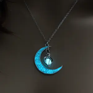 Glow in The Dark Silver Crescent Moon and Orb Necklace - Glowing Blue Moon Charm - Magical Fantasy Fairy Glowing Necklace - Glow Jewelry