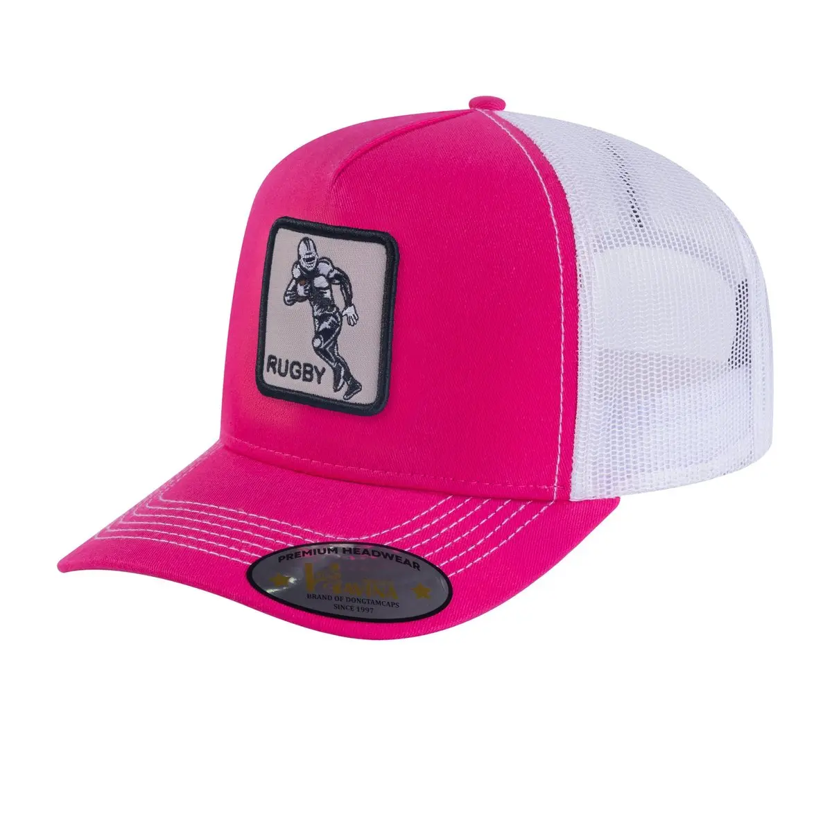 Embroidered Loving Hockey - 5 Panel Trucker Hat - Pink/White