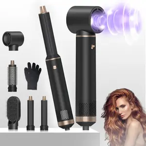 5-in-1 Ionic Blow Dryer Brush & Curling Iron Set, 110K RPM High-Speed Motor Fast Drying,  ,Upgraded Hair Dryer Brush Hot Air Curler Styler, 360-Degree Rotating Power Cord, For Long/Short Hair, Salon-Grade Styling ket, Black & Gold, Salon at Home