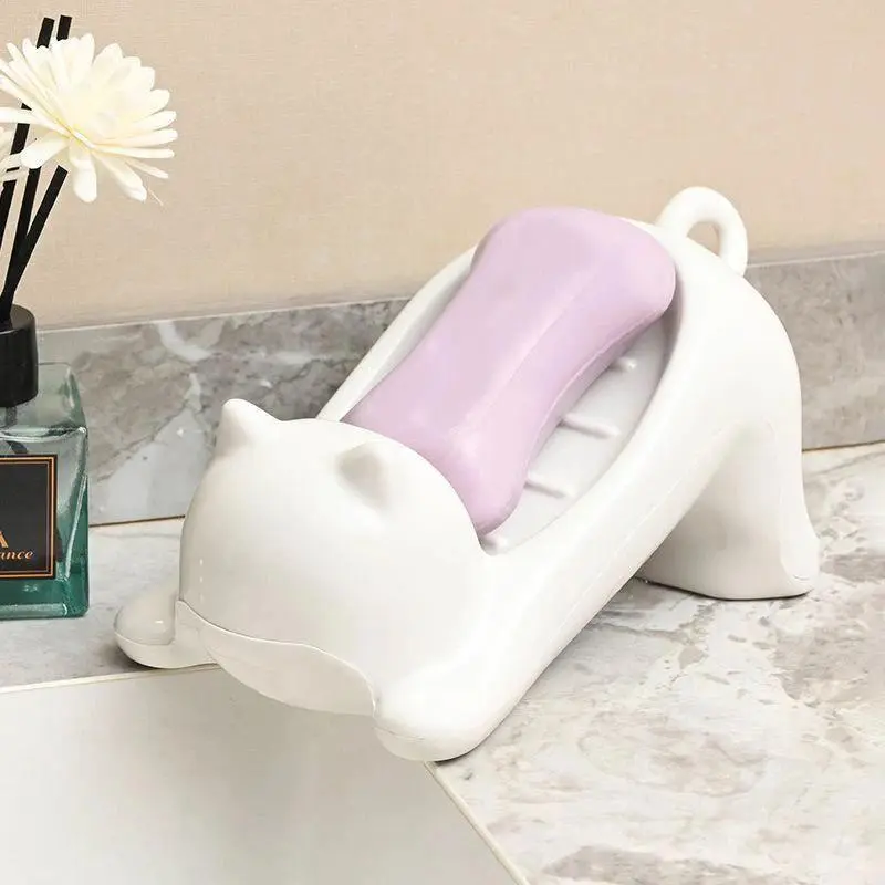 Plastic Cat-Shaped Soap Dish with Drain, Removable & Washable Waterproof Box, 16*9.6*8cm Bathroom Home Supplies, Cute Unique Gift for Children