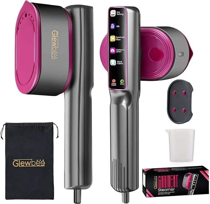 Portable Handheld Clothes Steamer Iron  1200W Power, Lightweight Port., 2-in-1 Compact Vertical/Horizontal Steam Iron, 10-Second Heat-Up, 350°F Large Ceramic Panel, Anti-Drip, Smart Fabric Recognition, 1-Swipe Wrinkle-Free, Black & Pink