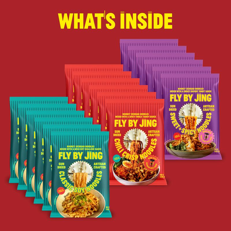 Fly By Jing Instant Noodles Variety Pack 18 Pack – 3 Flavors: Chili Crisp, Sweet + Spicy & Classic Soy – Savory, Mild to Spicy, Vegan & Non-GMO