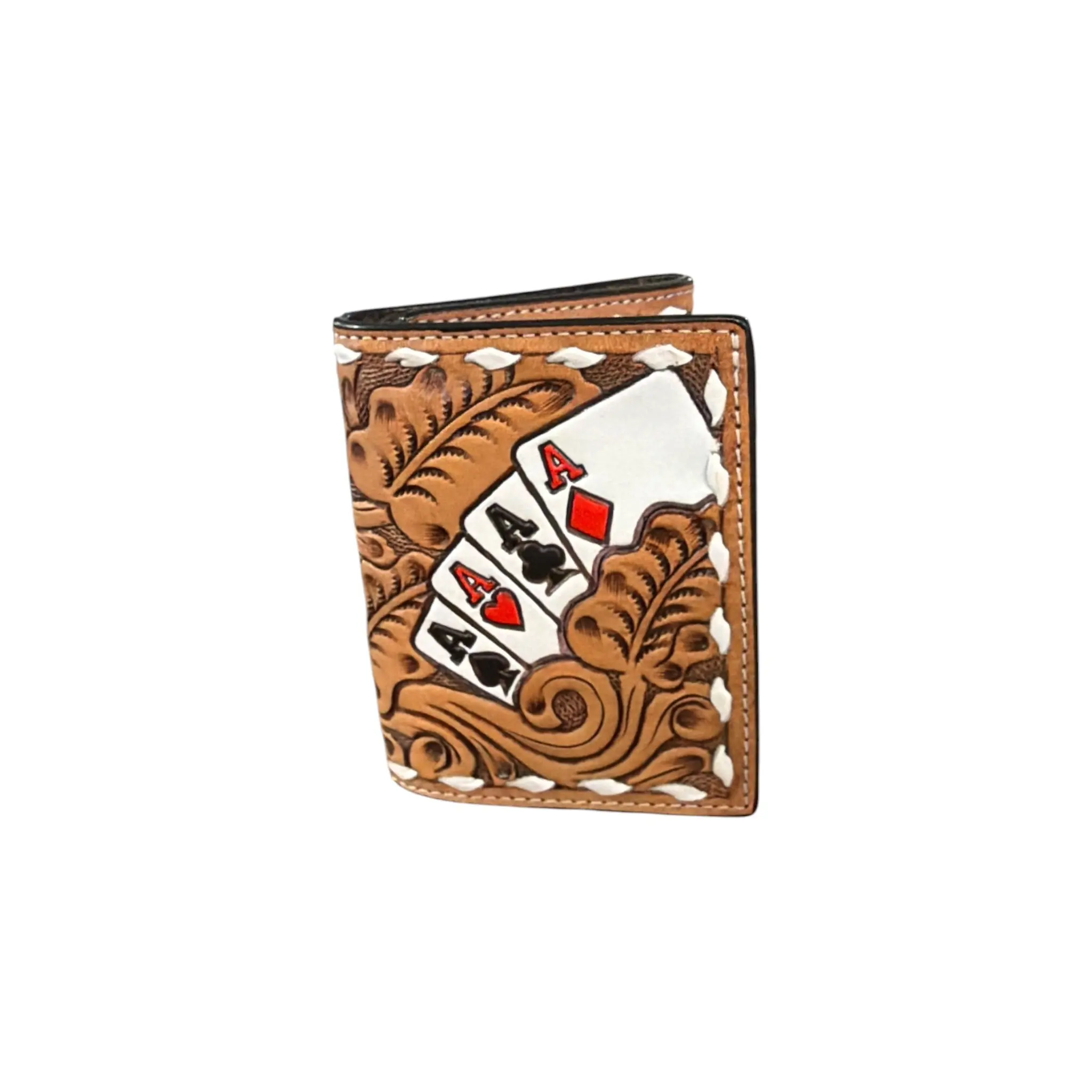 Men's Western Trifold Wallet, Genuine Leather with Hand-Tooled Floral & Aces Motif, Multiple Card Slots, Compact, Floral Tooling, Western Theme, Casual Wear, Mens Wallet, Western Wear