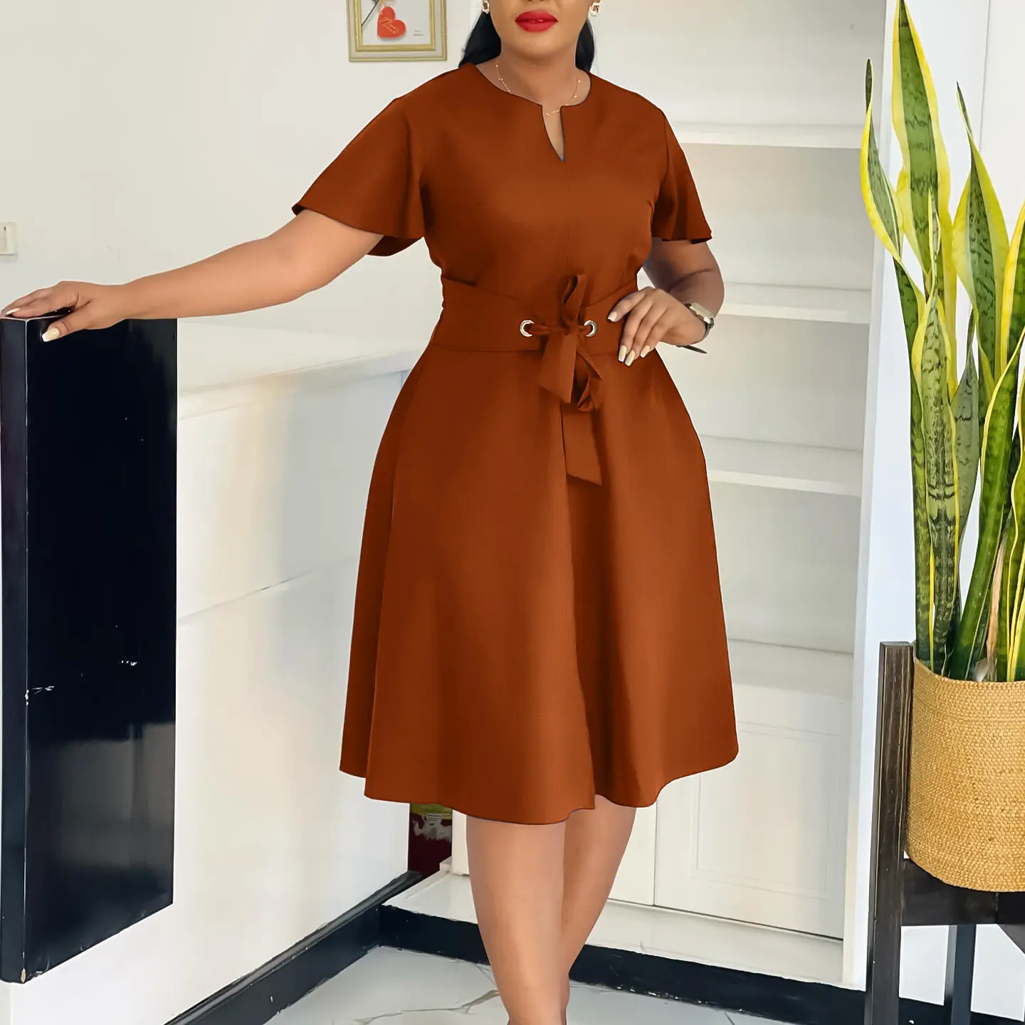 green emerald velvet dress Orange Border Print Fit and Flare Knee Length Dress main image 1