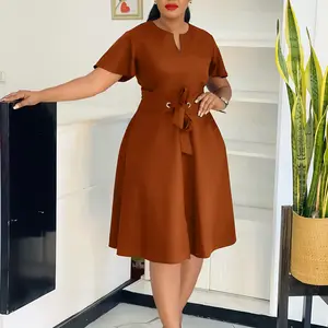 D574 Plus Size Women's Fuchsia Dress - Solid Color Tie Short Sleeve, Fit and Flare Silhouette with Belted Waist | Elegant Summer Dress for Formal & Workwear