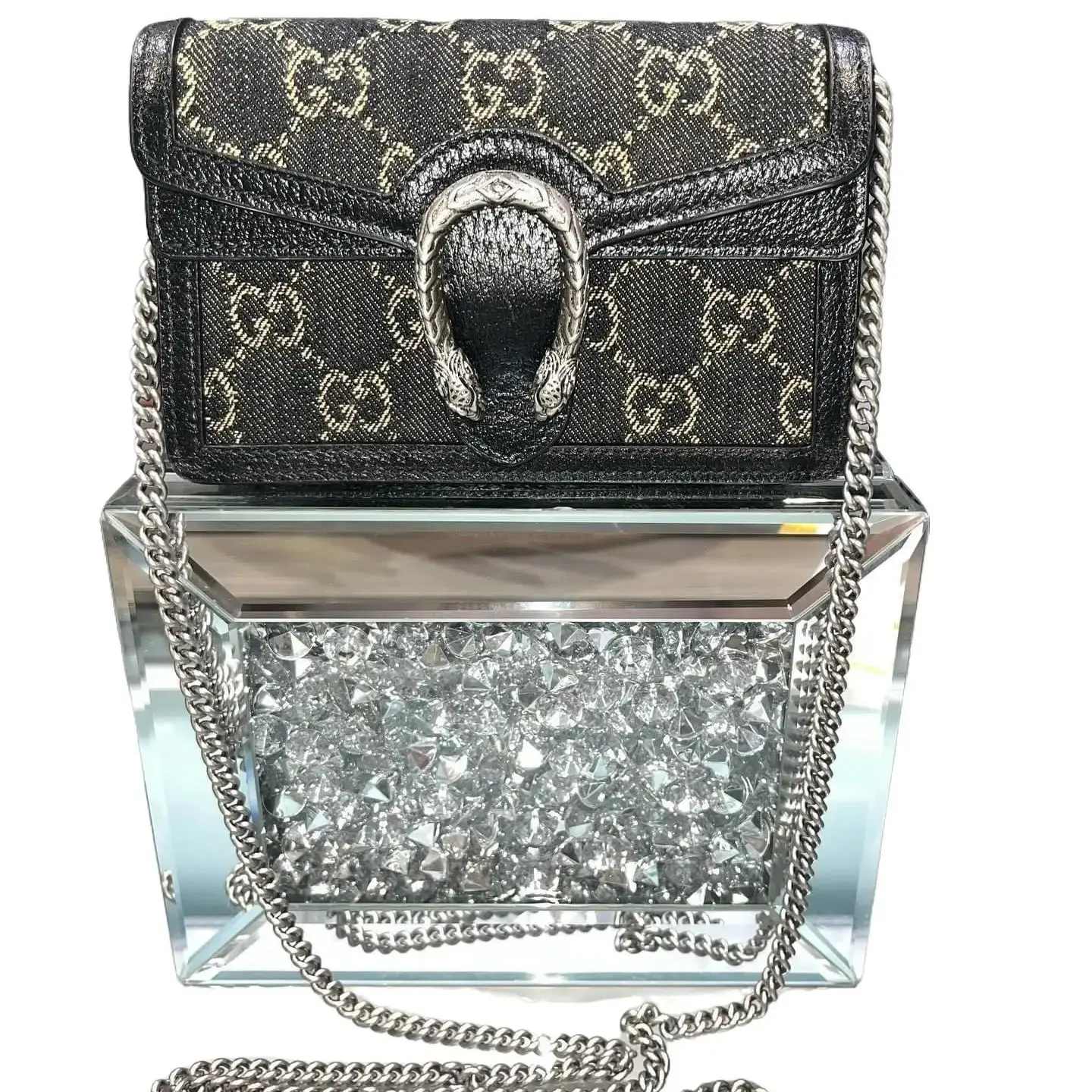 Pre-owned GUCCI GG Supreme canvas Shoulder Bags Black Denim GG Monogram Super Mini Dionysus Shoulder Bag with Adjustable Chain Strap & Palladium Toned