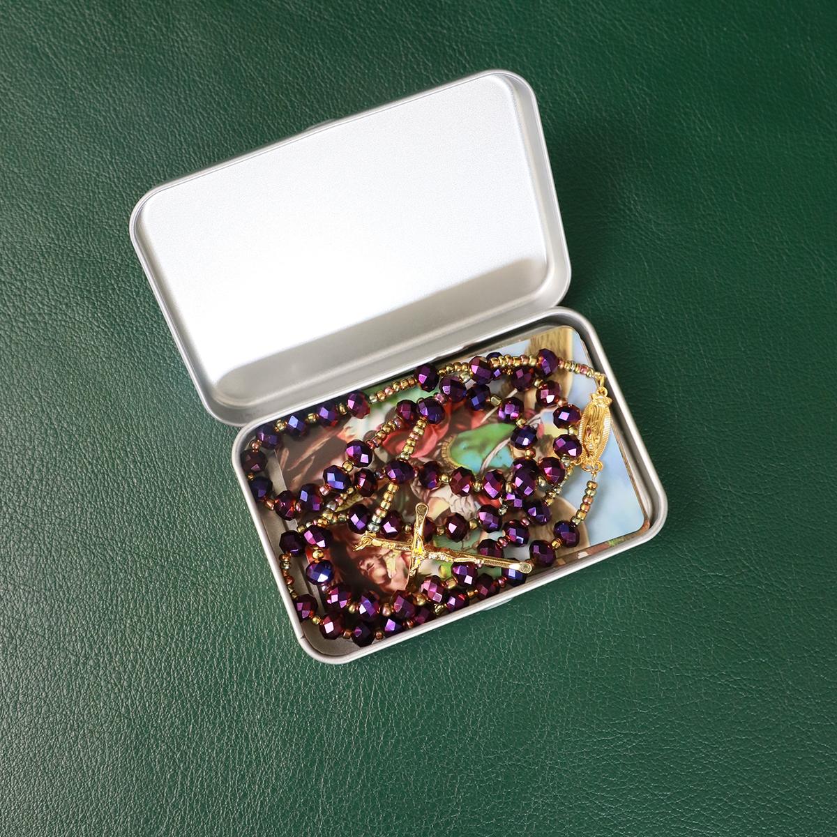 Catholic Rosary Purple Beads Necklace, with Crucifix Rosaries Communion Rosary Christian Gifts Catholic Gifts with a Gift Box And 18pcs Praying Cards