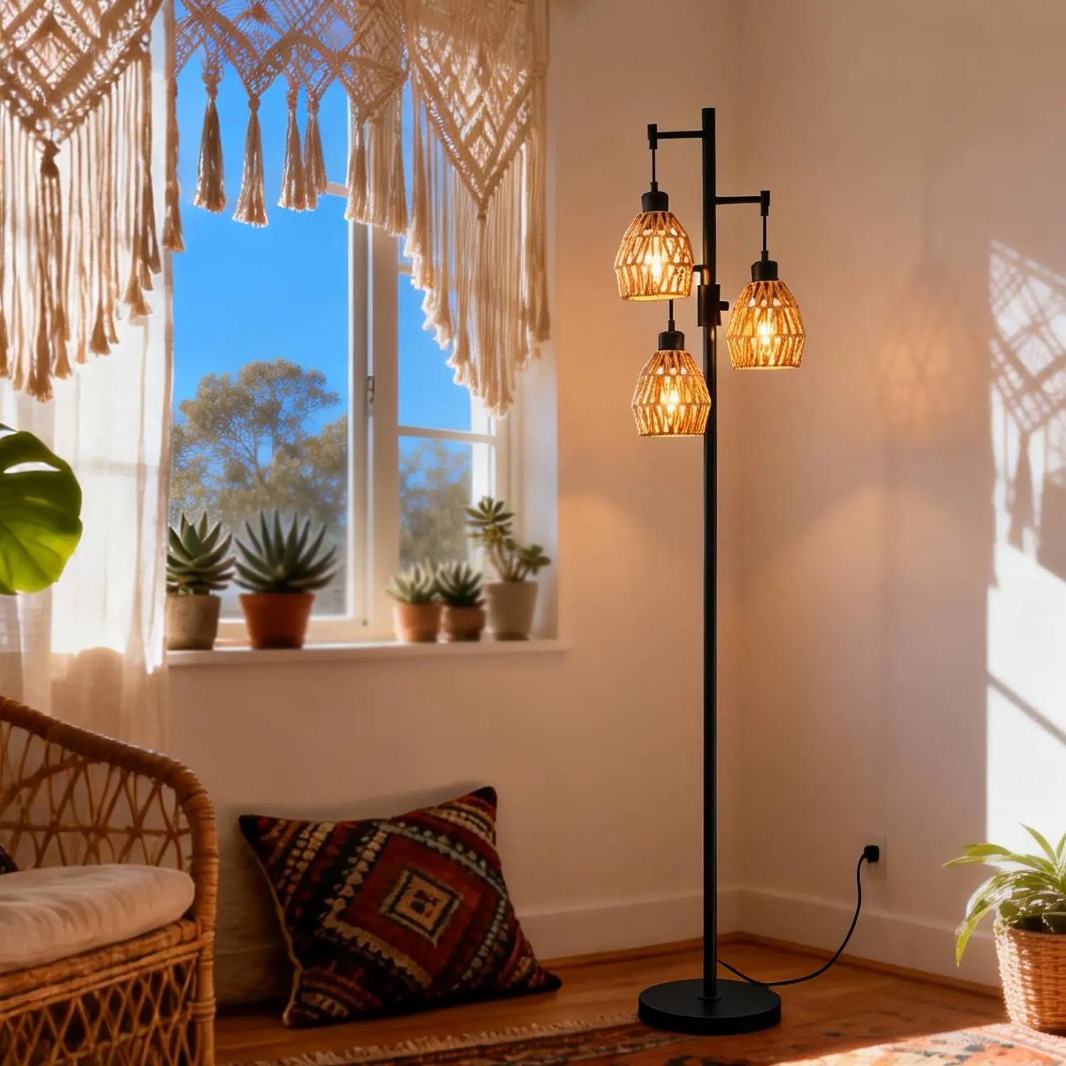 DEMILARE Bohemian Boho Rustic Rattan Shade Floor Lamp - 70" Adjustable Standing Light, 3×900LM LED Bulbs, Pedal Switch, Full Illumination Indoor Use Lamp for Living Room Decor, House Decor, Book Nook