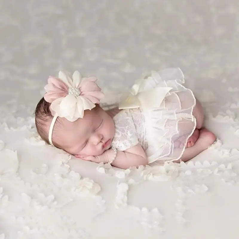 Newborn Girl Cute Photography Outfits, Backless Lace Romper with Flower Headband Photo Props Clothing, Baby Girl Photoshoot Outfits Gift Sets