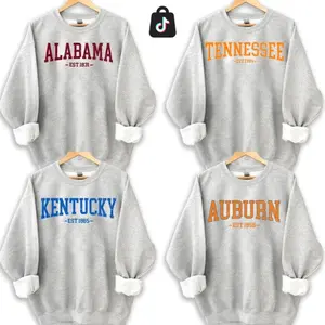 [Sale off 50%] Distressed Varsity Style Sweatshirt – Ash Grey, Custom Your Team, USA EST Inspired Varsity Style Unisex Graphic Shirt for Travelers, Game Day, 4th of July, Menswear & Womenswear L8D