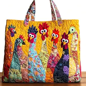 New Digital Printed Quilted Tote Bag, Cute Chicken Patchwork Design, Commuting & Leisure Use, Ideal Birthday Gift, Quilted Fabric Shoulder Tote Bags for Grocery & Travel