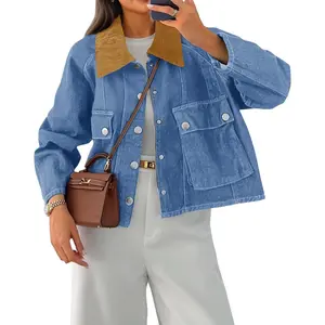 Lannew Womens Cropped Denim Jackets Patchwork Corduroy Collar Barn Jean Jackets Snap Button Coat with Pockets