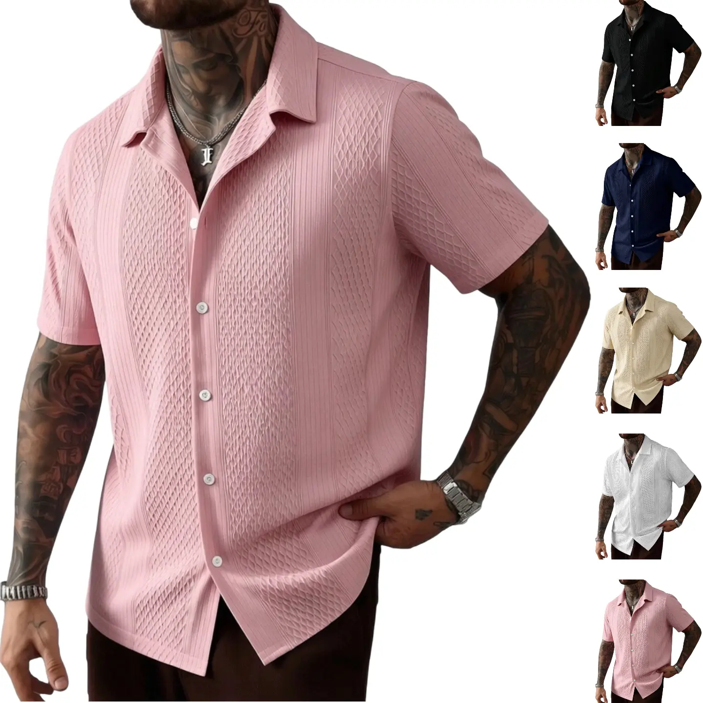 Men's Textured Knit Short Sleeve Button Down Shirt - 97% Polyester 3% Elastane Casual Collared Shirts with Stretch, Breathable Summer Tops for Vacation, Beach, Party - 5 Colors (Black/Navy/Pink/Apricot/White) S-2XL