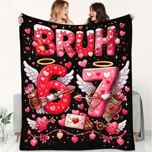 Heart-Shaped Angel Number 67 Printed Sweet and Cool Trendy Style Flannel Throw Blanket,Made of Soft Flannel Material, Suitable for Home Decoration, Camping, and Travel. Vibrant Decorative Blanket with Lively and Enjoyable Design