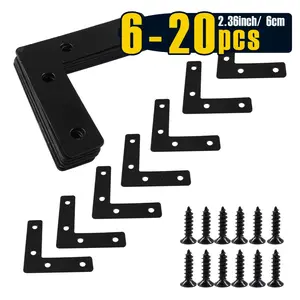 6-20pcs, 60mm(2.4") Black L Shape Flat Corner Brace Flat L Bracket, Flat Mending Plates with Screws for Frame, Furniture Cabinet