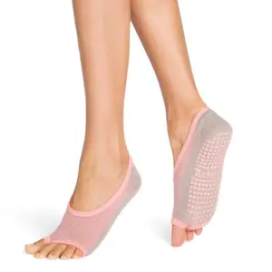 Tucketts Ballerina Grey Peach Geo Pilates Socks - Non-Slip Grip, Open Toe, Barre & Yoga - Women's