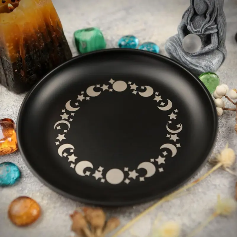 Stainless Steel Altar Pentagram Plate, 1 Count Pagan Ritual Incense Scented Candle Holder with Parchment, Decorative Meditation Tray for Home Dormitory Office Bathroom, Living Room Decor, Halloween