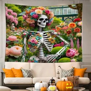 1pcs 2025 Halloween Tapestry, Large Size Flower skeleton decorations Tapestry,  Bedroom Aesthetic Hanging Tapestry for Party Festival, Bedroom Office Living Room Home Decor, Wall Decoration
