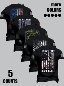 5-piece men's patriotic American flag T-shirt set, Second Amendment graphic T-shirt for veterans, men's military casual streetwear top