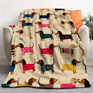 Beige Dachshund Cartoon Dog Pattern Blanket Ultra Soft Flannel Cozy Warm Colorful Bone Icons Bedroom Couch Sofa Throw Decor Decorative Throw Perfect Birthday Gift Christmas Gift for Dog Lovers Adults Viral Trending Cute Wiener Aesthetic Style