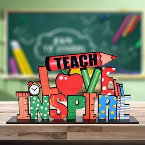 Teach Love Inspire Letter Wooden Ornament, 1 Count Pencil Apple Alarm Clock Design Desktop Decoration, Home Decoration, Desktop Display Ornament