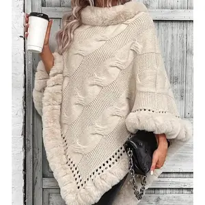 European and American Style Autumn Winter Knitted Sweater 20235 with Fur Collar and Cable Knit Cardigan Cape Sweater for Women