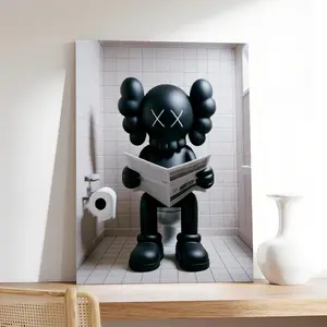 Kaws Sitting on Toilet Reading Newspaper Poster, Hypebeast Figure Print, Black Kaws Minimalist Decor
