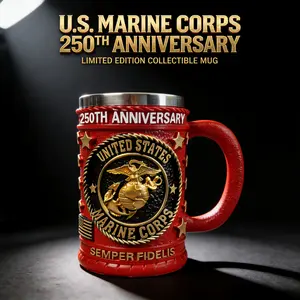 U.S. Marine Corps 250th Anniversary Limited Edition 3D Mug, EGA Embossed Stainless Steel Tankard, Collectible Gift for Marines Veterans Dad