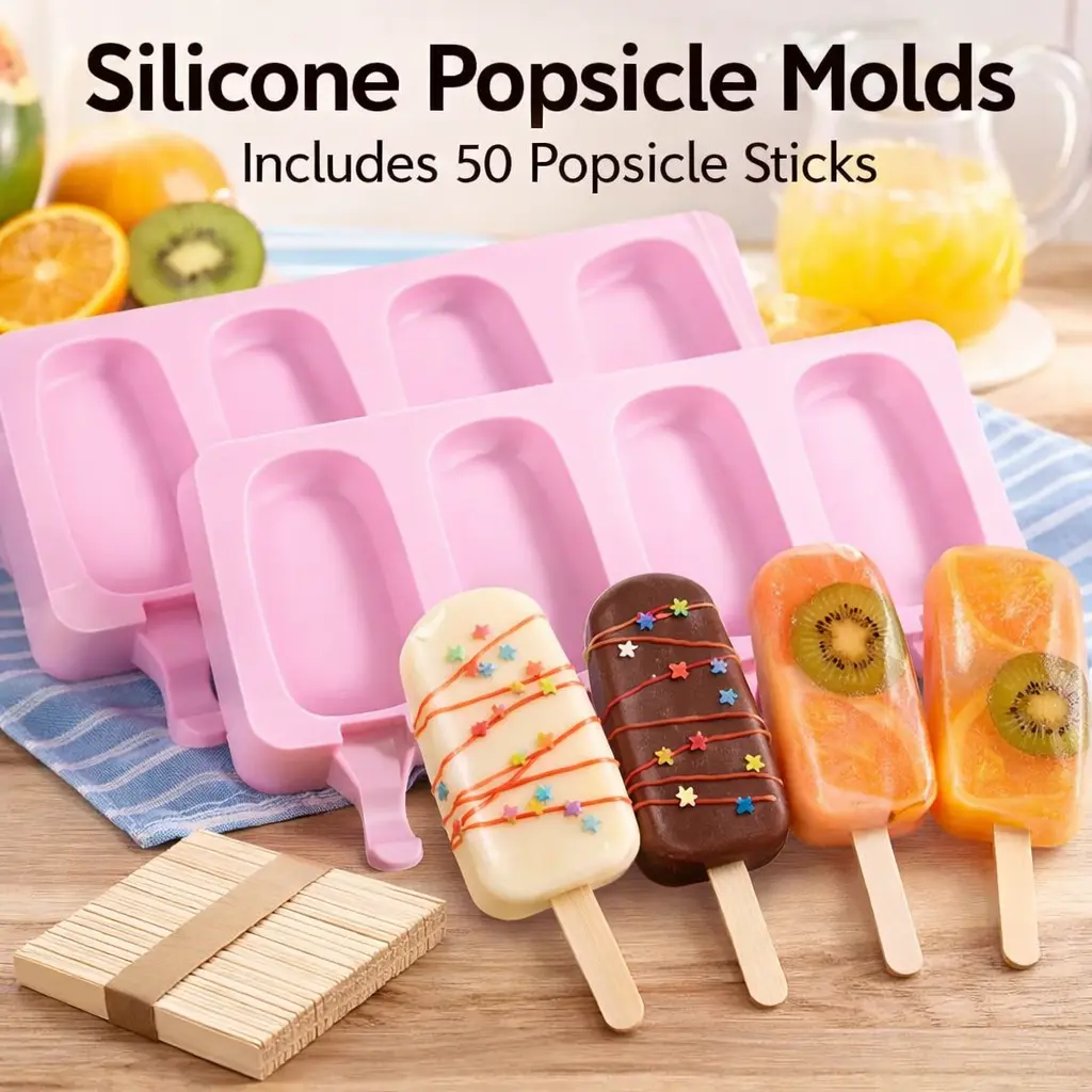 Durable Reuse Silicone Popsicle Mold Kit - 2 Molds, 50 Wooden Sticks, Smooth Homemade Ice Cream/Cakesicles Maker, Summer Holidays Adults Kitchen Gadget