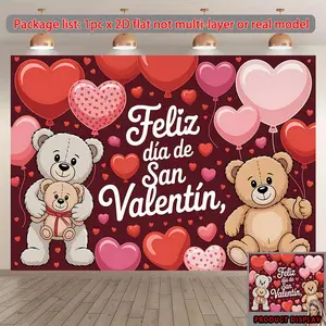 1PC,2D Flat Spanish Valentine's Day Theme Backdrop, Heart Balloon Teddy Bear Pattern Party Decoration Backdrop, Suitable for Valentine's Day Party Photo Decoration, Wedding Proposal Romantic Scene L, Banners, Reusable