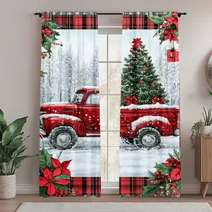 2-Piece set, semi-transparent window curtains for Christmas truck scene, retro red truck with snow design, rod pocket design, Easy install curtain, suitable for home, office, bedroom, holiday decoration, Christmas items
