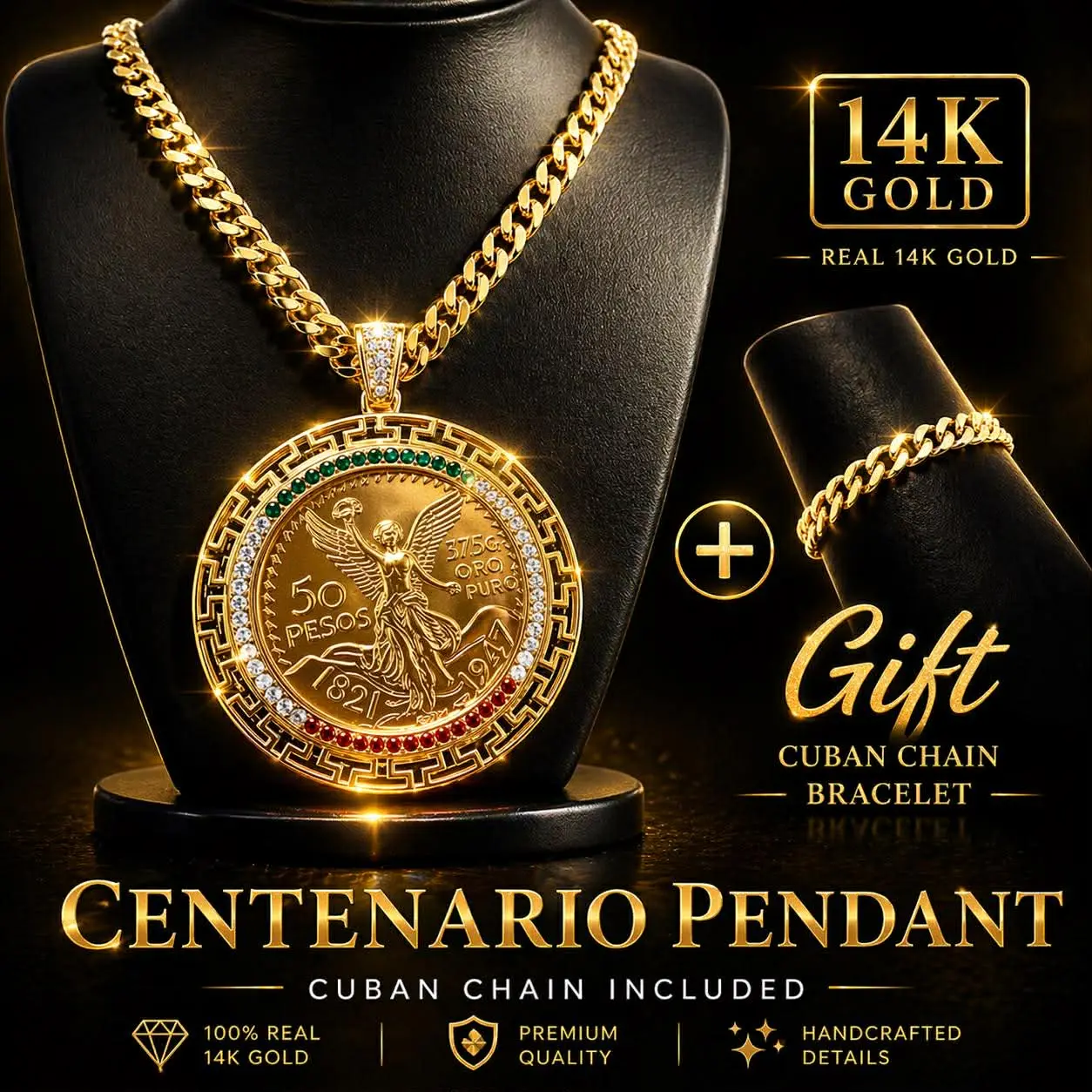14K GP 50 Pesos Centenario + Bracelet Gift 24" 7mm Cuban Curb Necklace Choker Chain Fashion Jewelry Mexican Piece