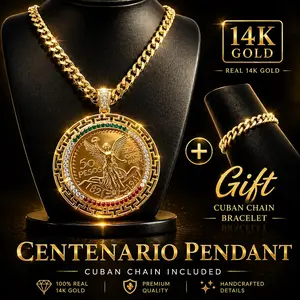 14K GP 50 Pesos Centenario + Bracelet Gift 24" 7mm Cuban Curb Necklace Choker Chain Fashion Jewelry Mexican Piece