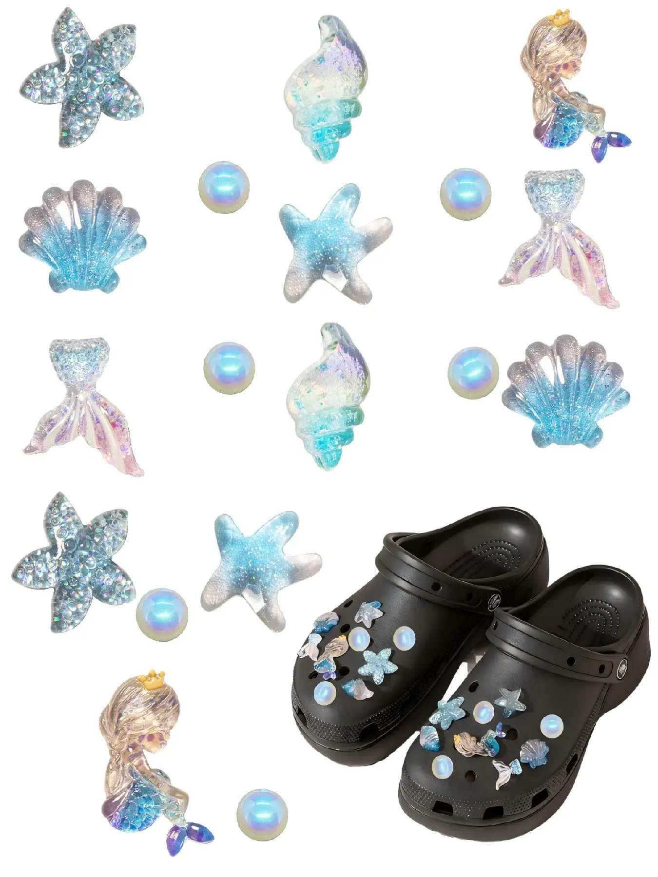 18 Piece Starfish Pearl Shell Mermaid Sparkling Shoe Charms Set, Detachable DIY Footwear Decorations, Women Adult Fashion Accessories, Decorative Shoe Accessories