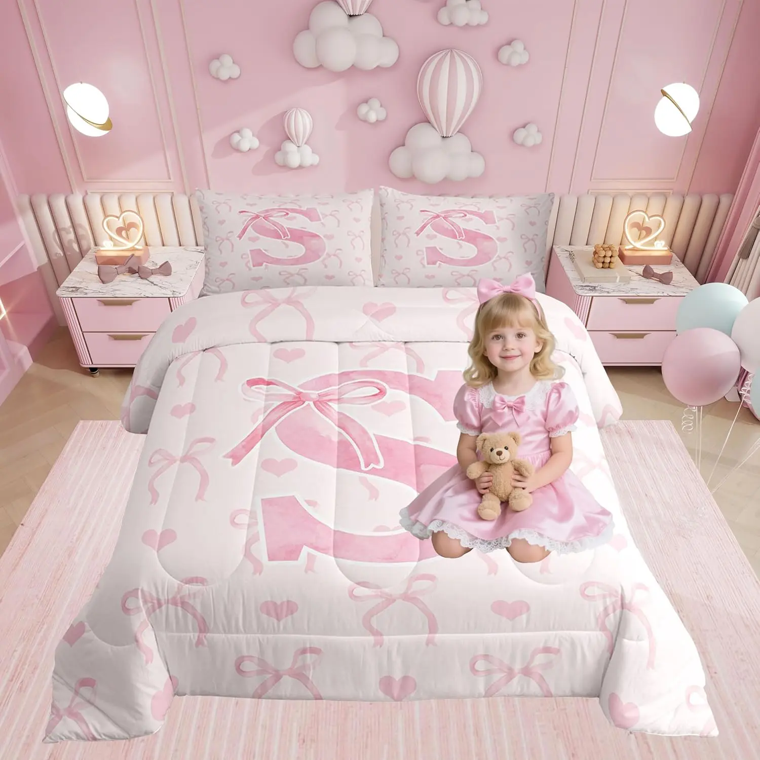 Feelyou Boutique Filled Duvets & Sets - Women's Pink Alphabet Letters Multi-Size Bedding Set, Breathable Soft Cozy Chic Blanket, Travel-Friendly Dorm Room Plush Bedding, Machine Washable for Camping
