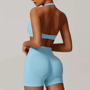 Women's Solid Backless Halter Crop Top & High Waist Shorts Workout Gym Yoga Set, Sporty Breathable Comfy Fitness Outfits for Women, Ladies Gym Clothes, Activewear, Valentine's Day Gift